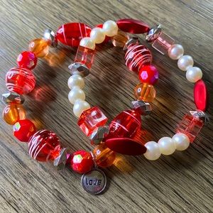 Ruby Red & white Pearl 2-piece bracelet set